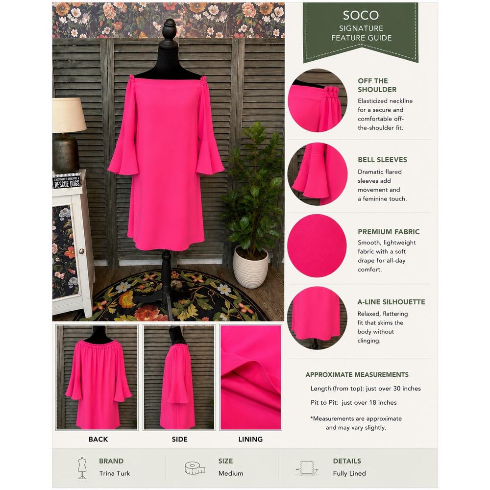 Trina Turk Hot Pink Off Shoulder Bell Sleeve Mini Dress Medium NWT MSRP $258 - Picture 4 of 12